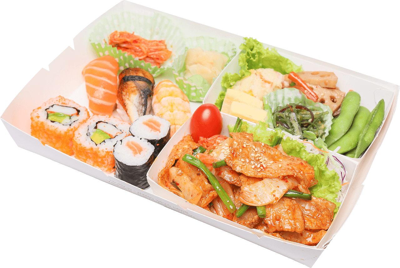 Bento thịt heo xào kimchi và sushi