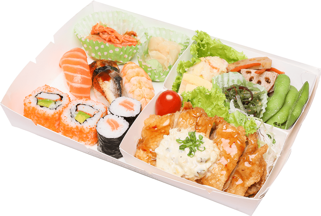 Bento thịt gà chiên sốt chua ngọt và sushi