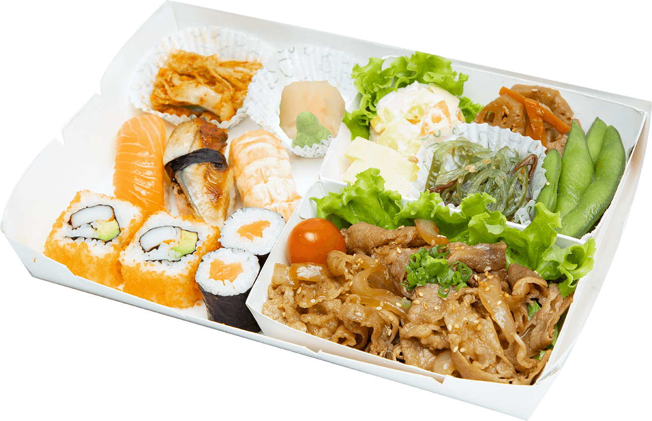 Bento thịt bò sốt Teriyaki và sushi